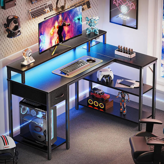 47" Reversible L Shaped Computer Desk with LED Lights & Power Outlets – Gaming Desk with Monitor Stand, Storage Shelves, Drawer – Corner Desk for Home Office Setup, Black