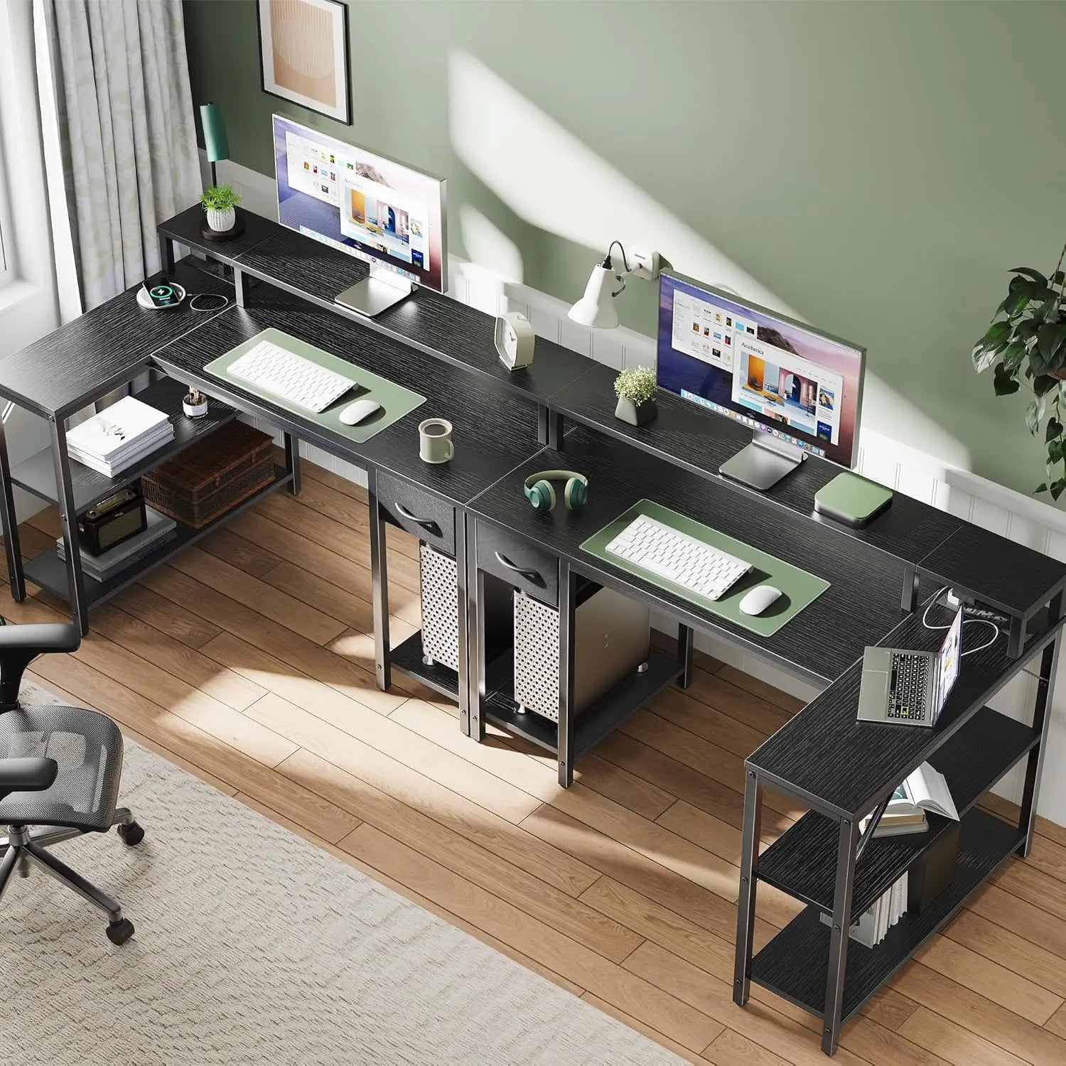 47" Reversible L Shaped Computer Desk with LED Lights & Power Outlets – Gaming Desk with Monitor Stand, Storage Shelves, Drawer – Corner Desk for Home Office Setup, Black
