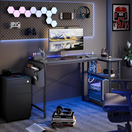 TIQLAB 40" L-Shaped Computer Desk with Power Outlets – Reversible Corner Desk with Storage Shelves, Gaming Writing Table for Home Office, Bedroom, or Living Room – Black