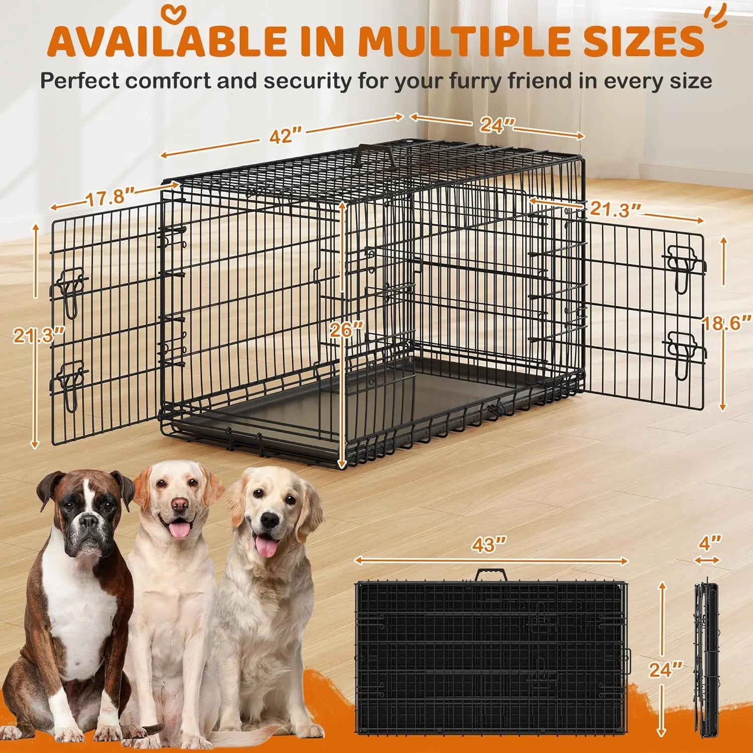 42-Inch Double Door Dog Crate with Divider – XL Collapsible Metal Kennel for Large Dogs, Removable Tray, Portable Travel Pet Cage, Wire Dog Crate for Puppy to Adult, Black