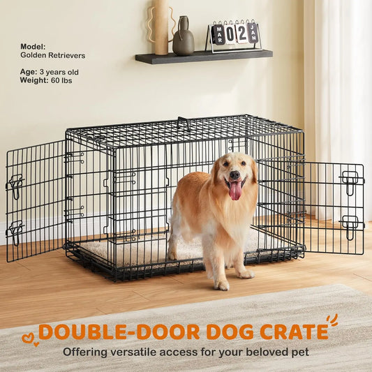 42-Inch Double Door Dog Crate with Divider – XL Collapsible Metal Kennel for Large Dogs, Removable Tray, Portable Travel Pet Cage, Wire Dog Crate for Puppy to Adult, Black