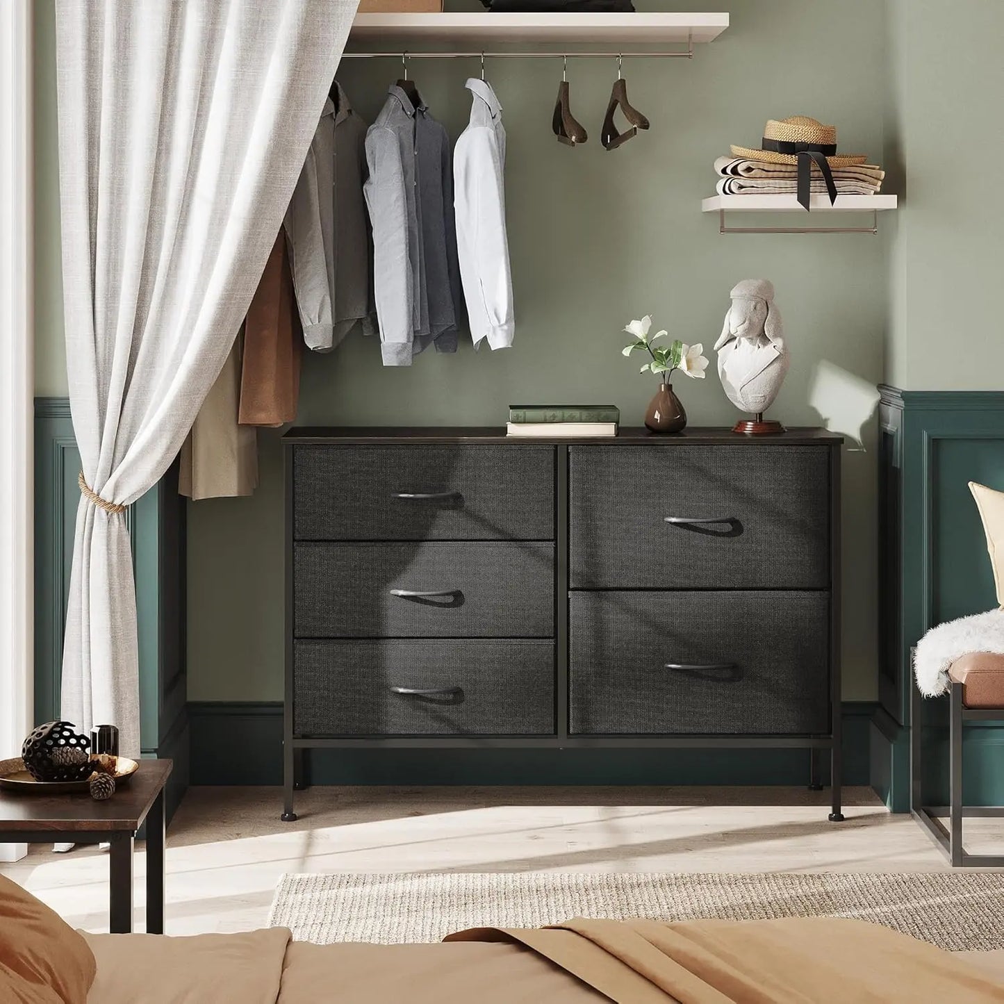 5 Drawer Dresser for Bedroom – Wide Fabric Chest of Drawers with Organizer Bins, Charcoal Black Storage Tower for Closet, Living Room, Hallway, and Small Spaces