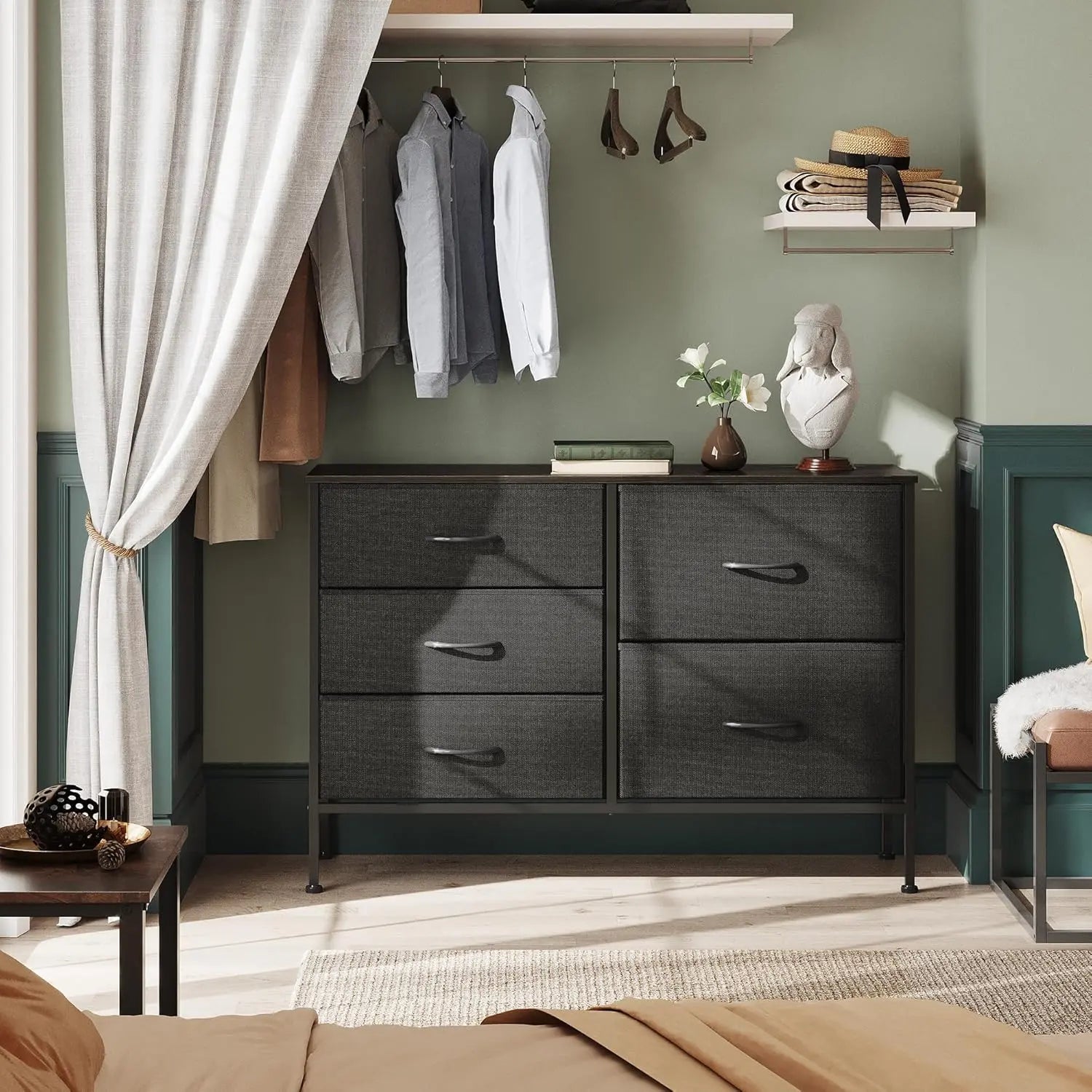 5 Drawer Dresser for Bedroom – Wide Fabric Chest of Drawers with Organizer Bins, Charcoal Black Storage Tower for Closet, Living Room, Hallway, and Small Spaces