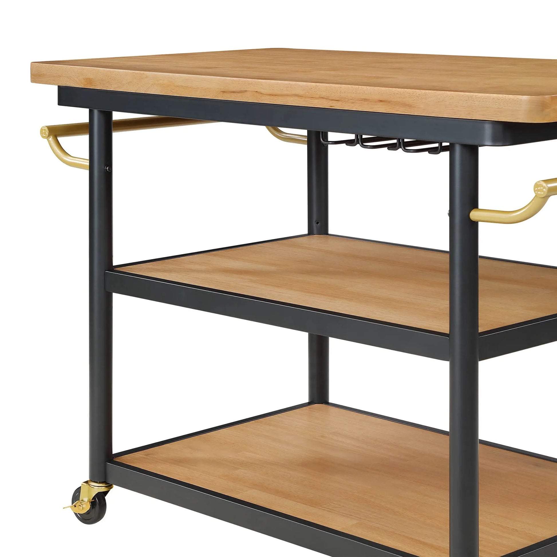 Drew Barrymore Rolling Kitchen Island Cart with 2 Shelves, Rubberwood Top, Black Metal Frame
