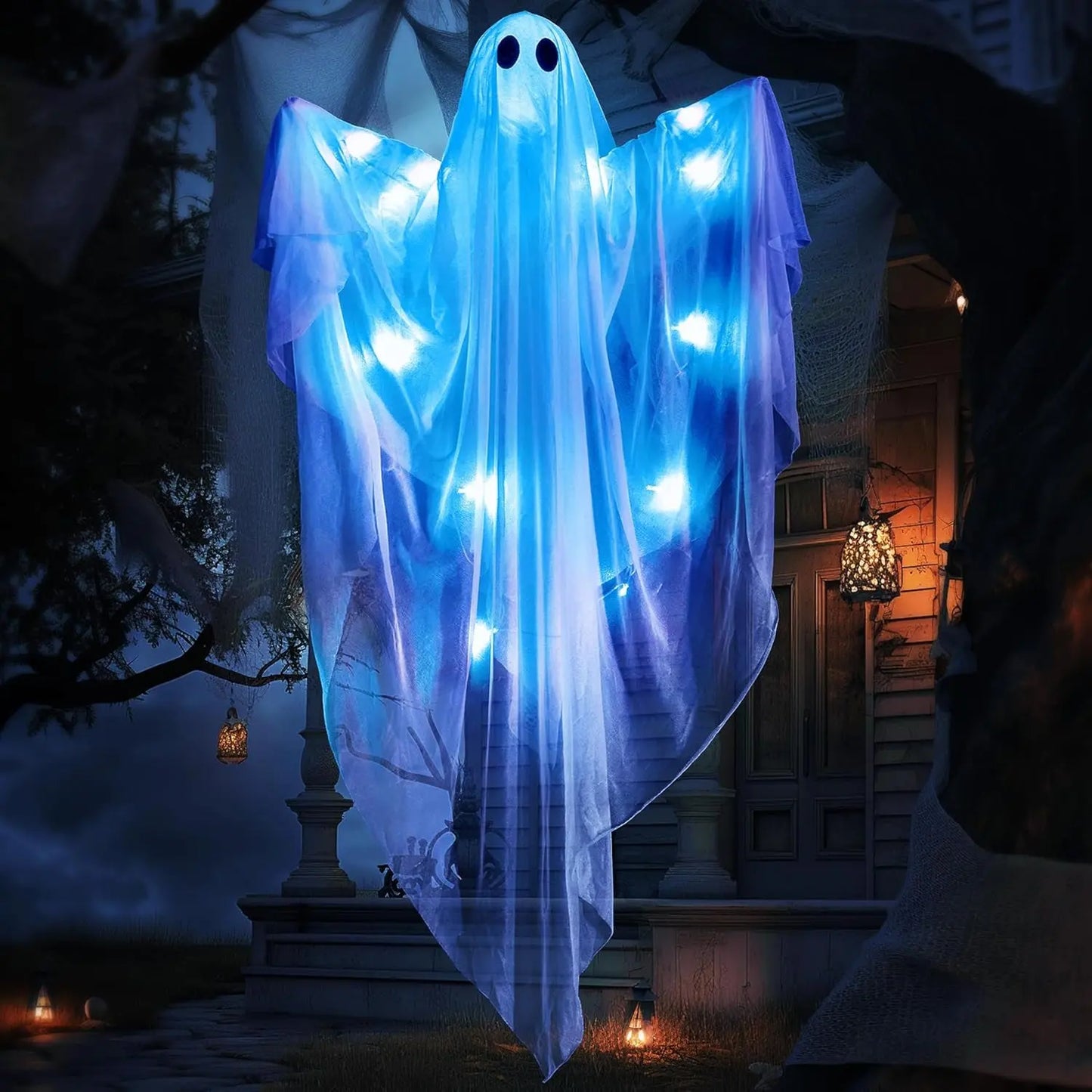 Halloween Hanging Light up Ghost with Spooky Blue LED Light, 47” White Ghosts Halloween Hanging Decoration for Front Yard Patio Lawn Garden Party Decor Indoor Outdoor