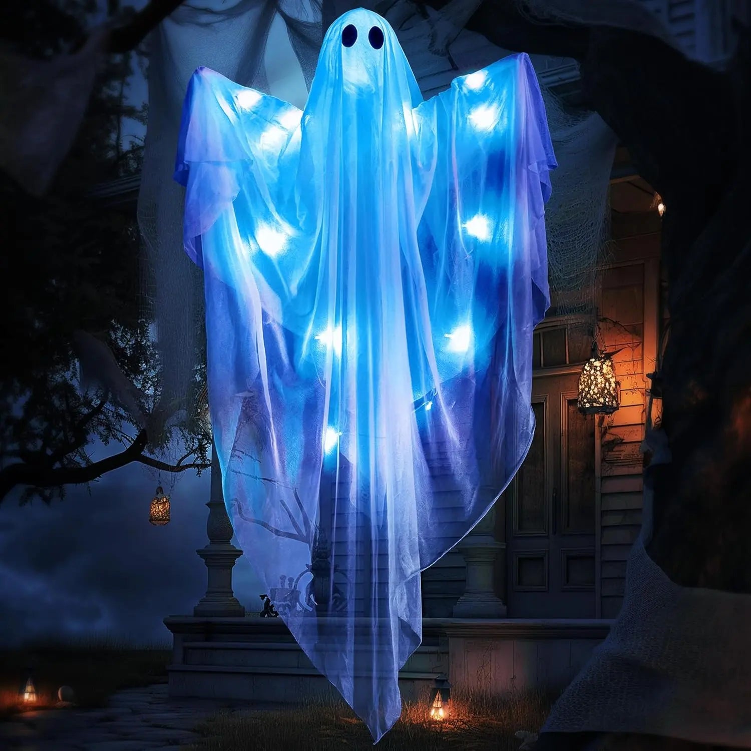 Halloween Hanging Light up Ghost with Spooky Blue LED Light, 47” White Ghosts Halloween Hanging Decoration for Front Yard Patio Lawn Garden Party Decor Indoor Outdoor