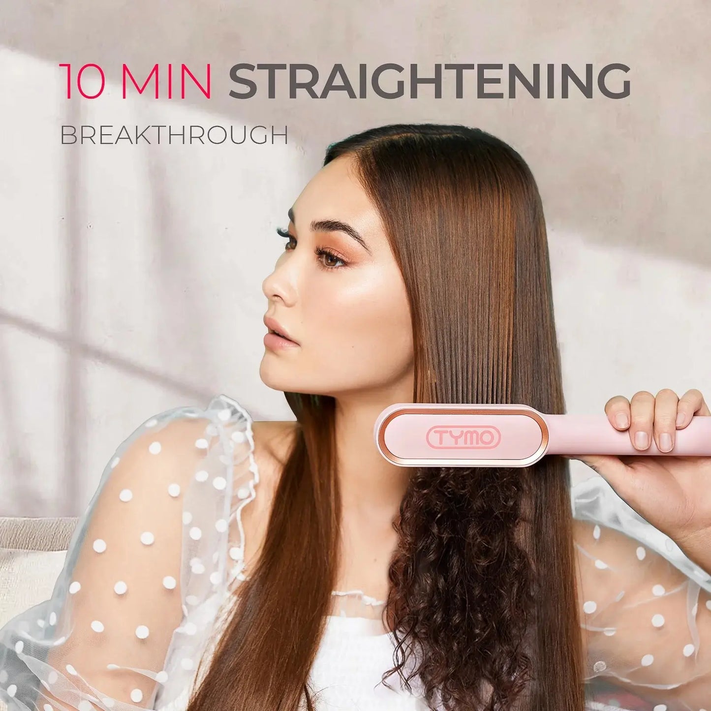 TYMO Ring Hair Straightener Brush – Pink Hair Straightening Iron with Built-In Comb, 20s Fast Heating, Anti-Scald & Dual Voltage
