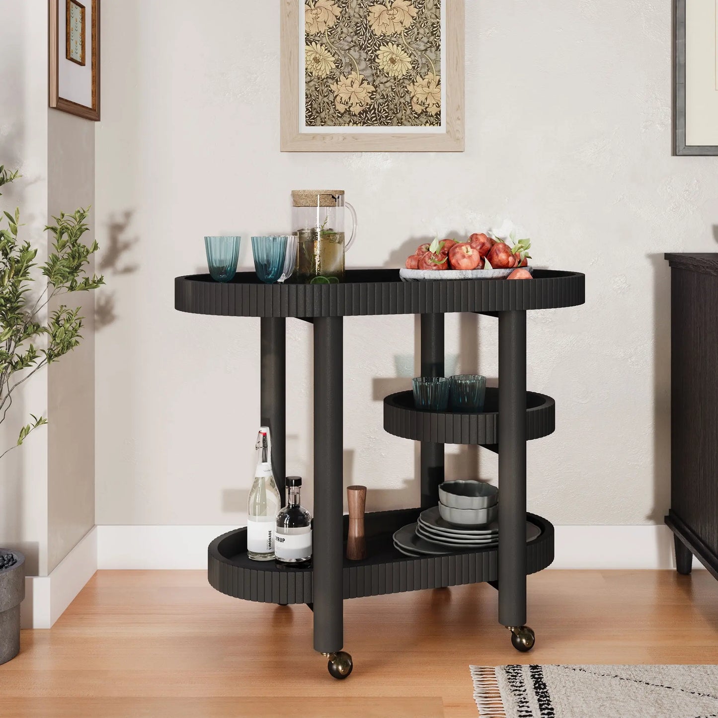 Drew Barrymore Bar Cart with 3 Shelves, Warm Honey Finish, Solid Wood, Rolling Caster Wheels