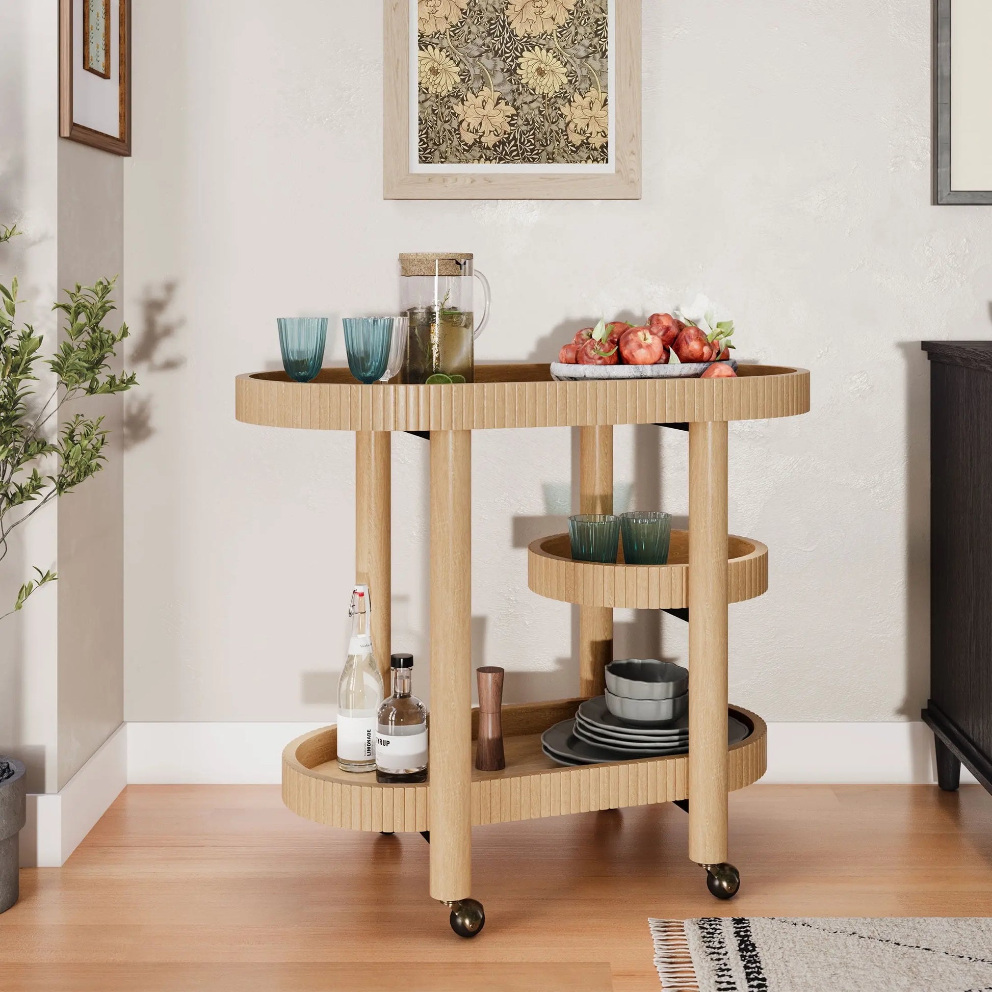 Drew Barrymore Bar Cart with 3 Shelves, Warm Honey Finish, Solid Wood, Rolling Caster Wheels
