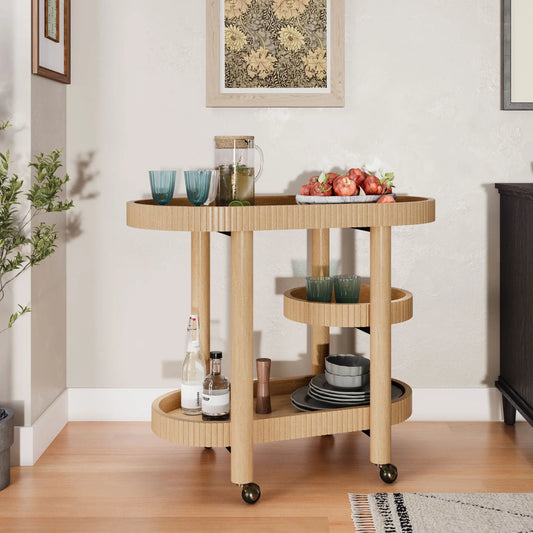 Drew Barrymore Bar Cart with 3 Shelves, Warm Honey Finish, Solid Wood, Rolling Caster Wheels