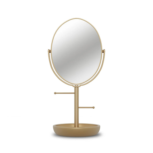 Drew Barrymore Gold Vanity Mirror with Storage Tray, Floral Design, 1X Magnification, Vintage-Inspired