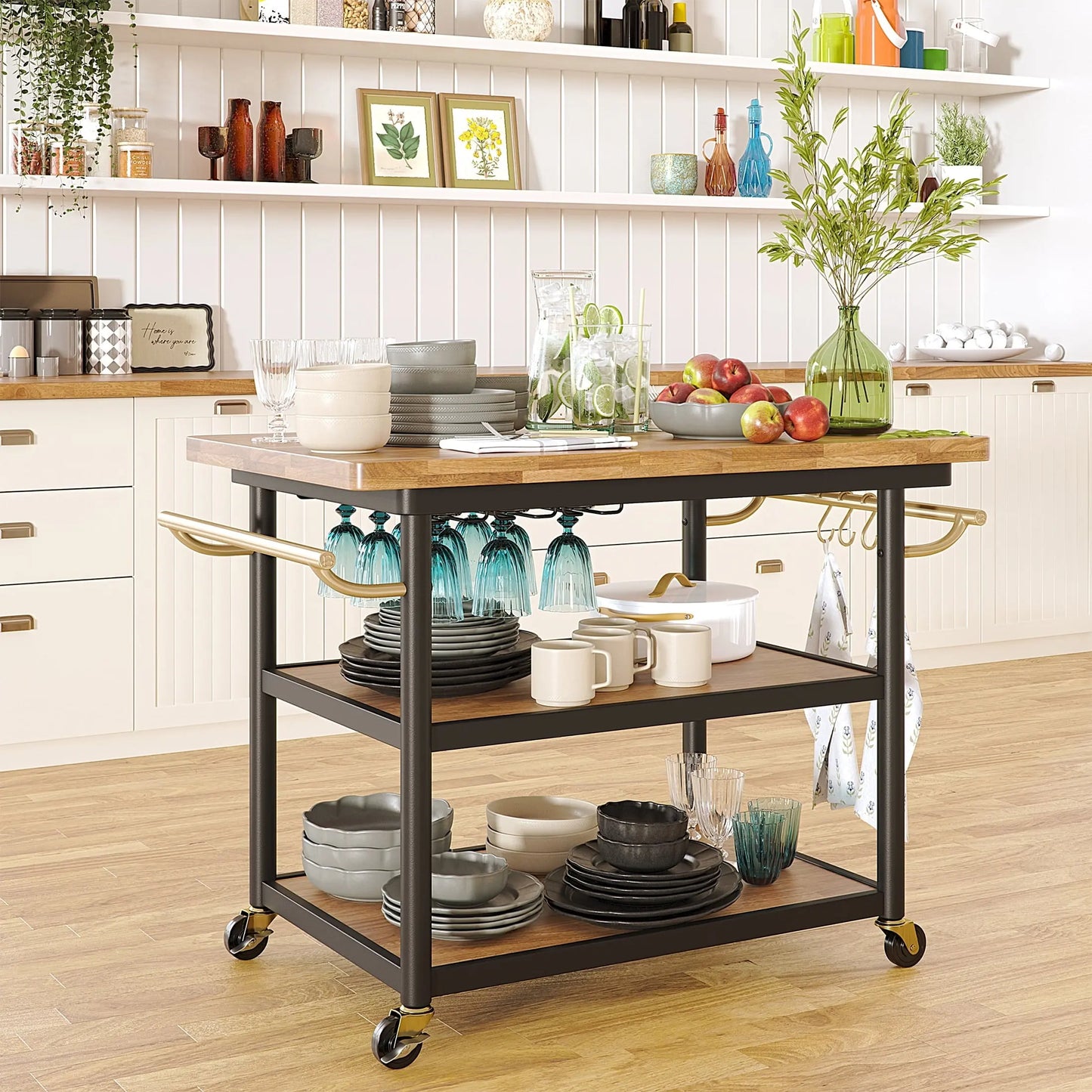 Drew Barrymore Rolling Kitchen Island Cart with 2 Shelves, Rubberwood Top, Black Metal Frame