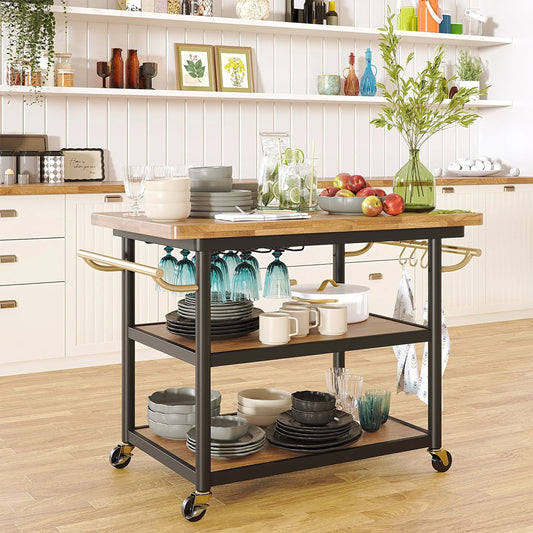 Drew Barrymore Rolling Kitchen Island Cart with 2 Shelves, Rubberwood Top, Black Metal Frame