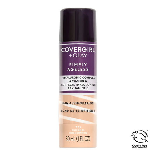 OLAY Simply Ageless 3-in-1 Liquid Foundation, 225 Buff Beige – Hydrating Anti-Aging Makeup, Smooth Coverage, 1 Fl Oz