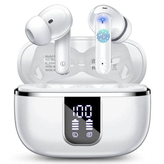 Wireless Bluetooth Earbuds W70 | Noise Cancelling In-Ear Headphones w/ Deep Bass, 38H Playtime, LED Display & IPX7 Waterproof – For iPhone & Android (White)