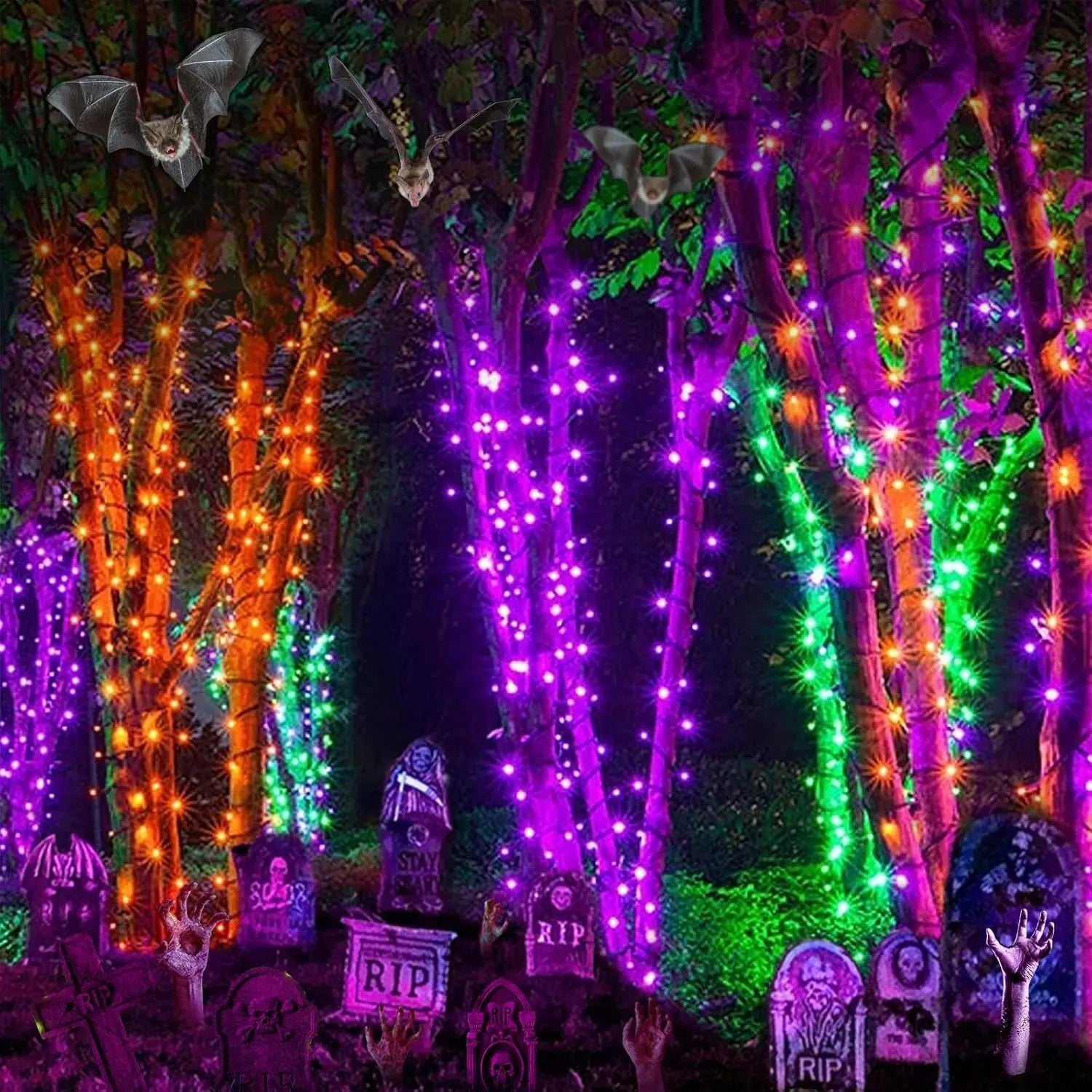 Orange Purple Halloween Lights, 100FT 300 LED String Lights with 8 Modes Timer Waterproof Plug in Indoor Outdoor String Light Connectable for Halloween Decorations
