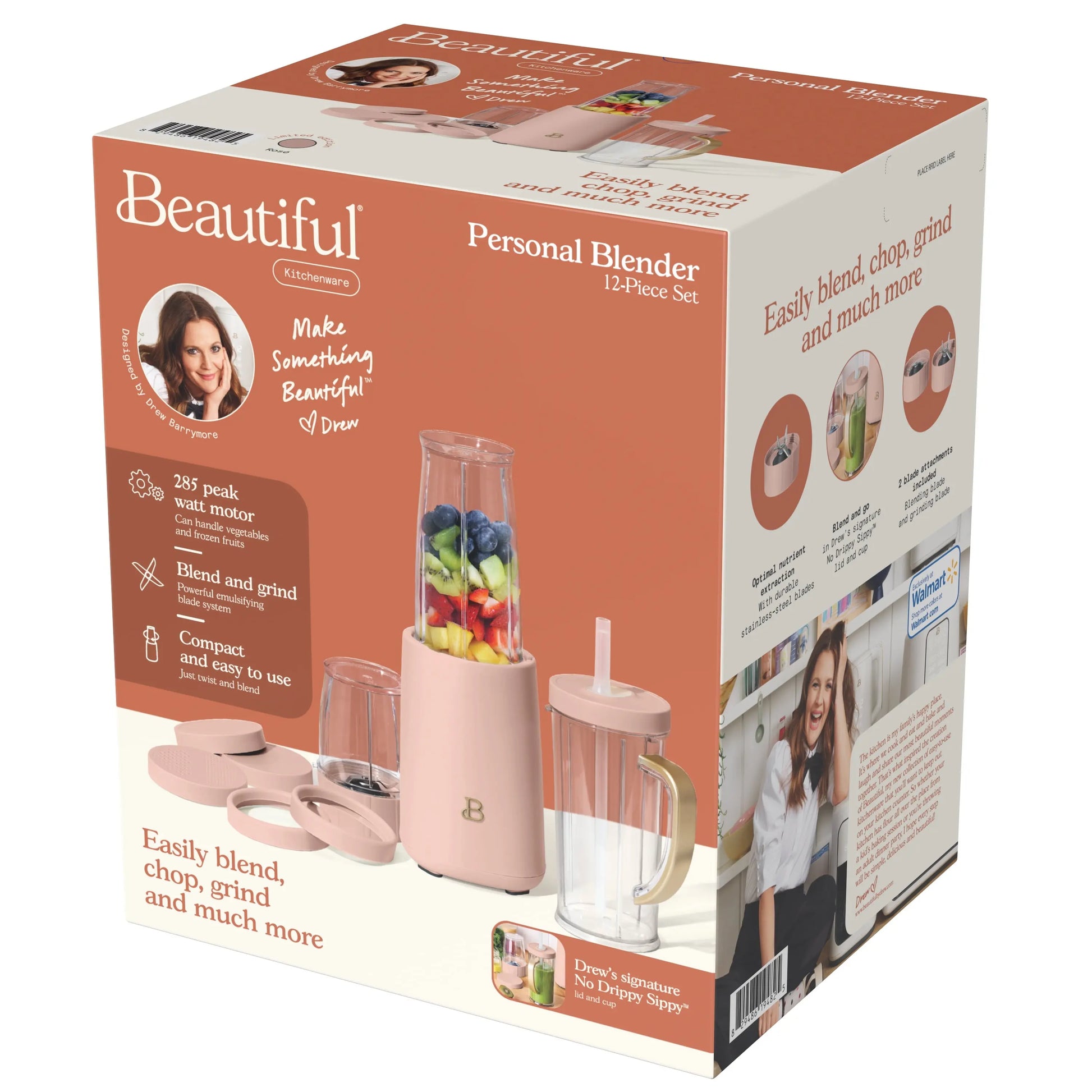 Drew Barrymore Beautiful 12-Piece Personal Blender Set 240W Rose Pink | Portable Smoothie Maker, Coffee Grinder, Travel Cup | Compact Countertop Kitchen Appliance