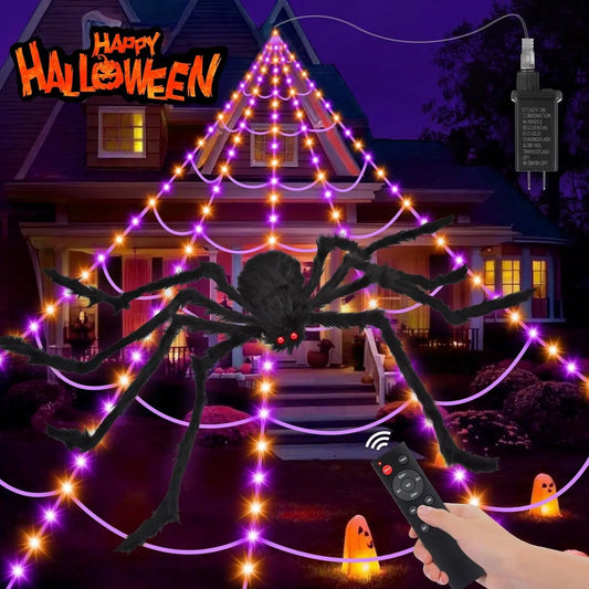 Halloween Decorations Spider Web: Halloween Spider Web Light 250 Purple & Orange LED Lights 59" Giant Spiders Scary Halloweens Decorations Outdoor Indoor for Party Garden Yard Home Haunted House Decor