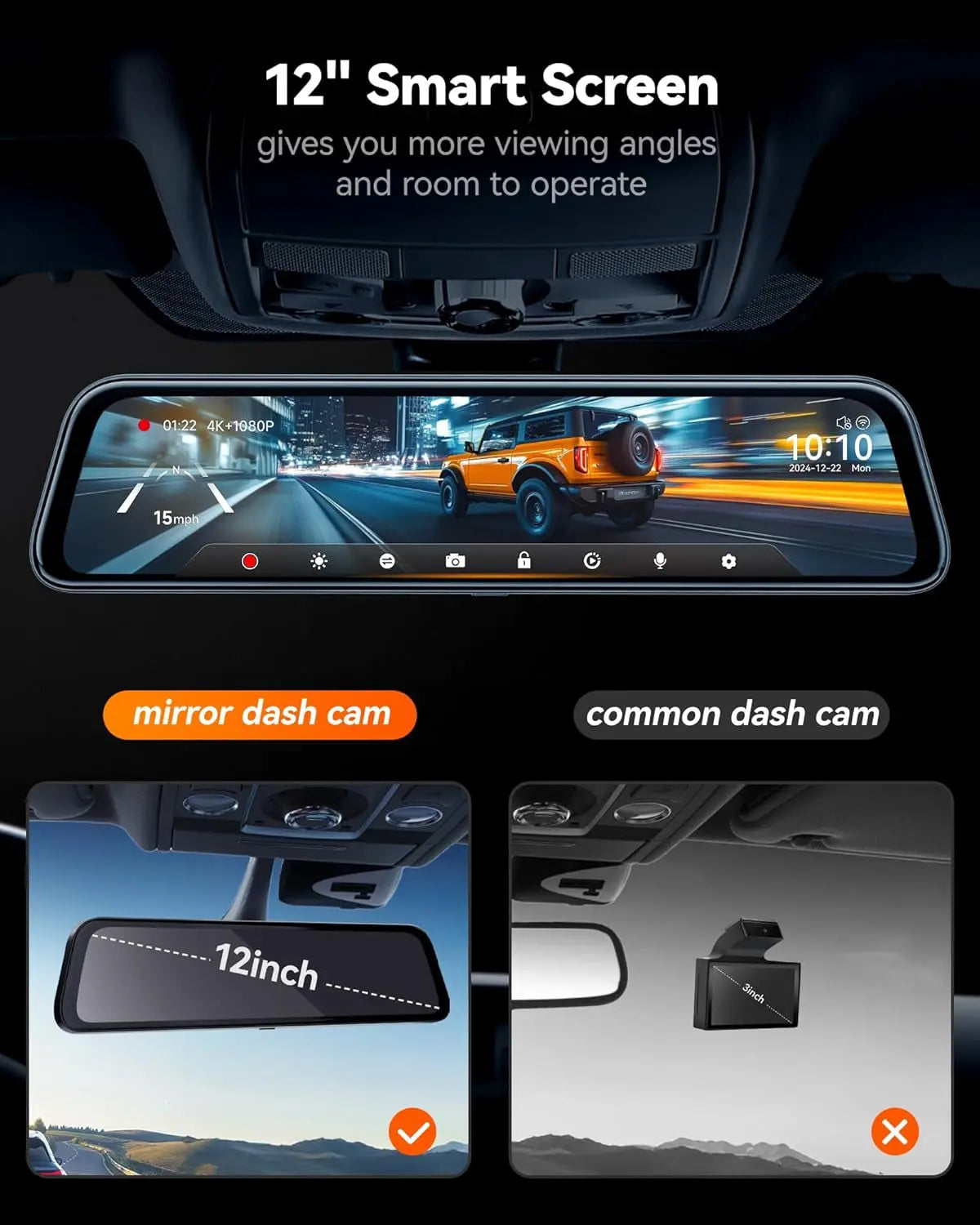 G840S 12" 4K Mirror Dash Cam – Dual Front and Rear Backup Camera with Night Vision, GPS, 5.8GHz WiFi, Parking Assist, Smart Rearview Mirror for Cars & Trucks, 32GB Card Included