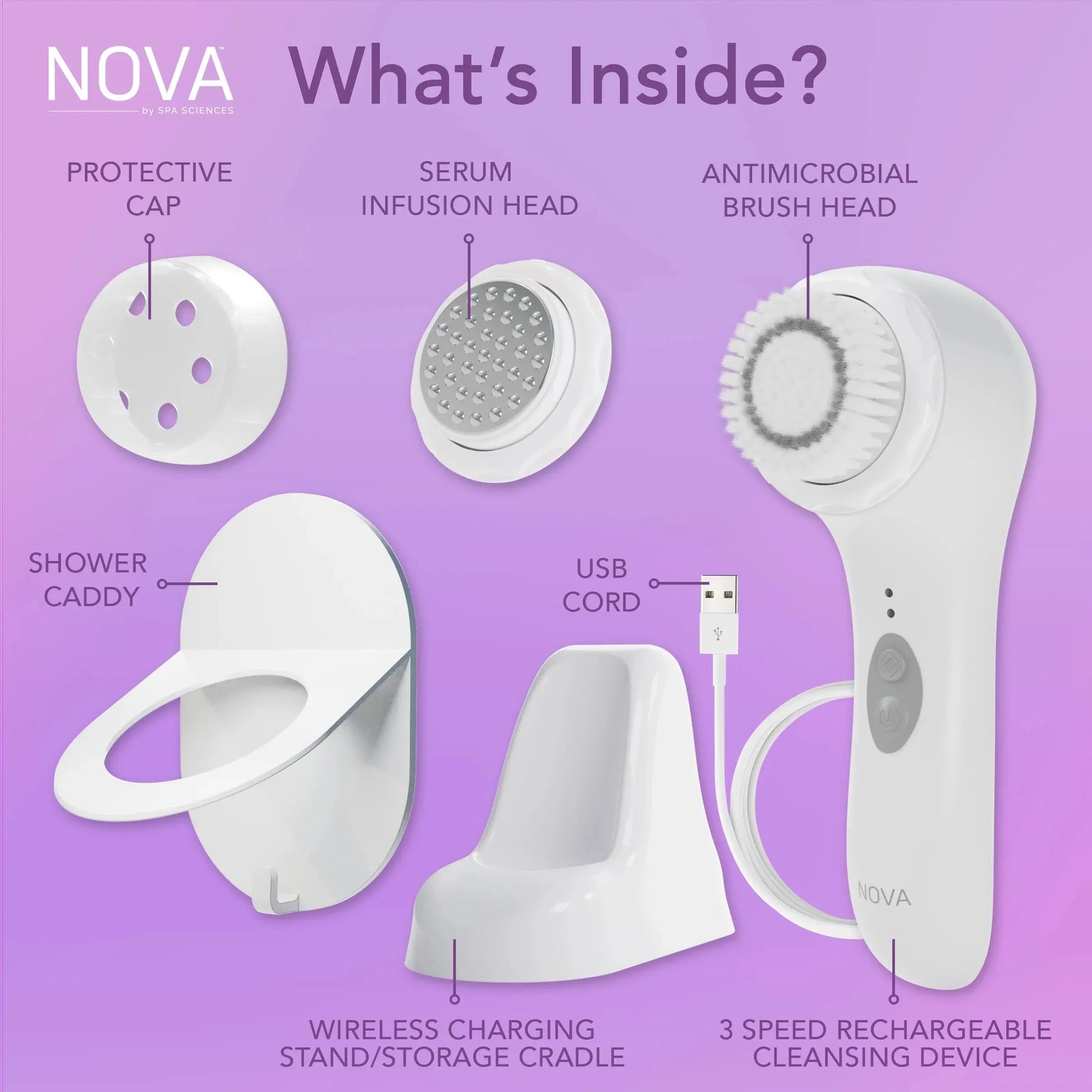 NOVA Sonic Facial Cleansing Brush – Sensitive Skin Exfoliator with Antimicrobial Brush & Serum Infuser, Waterproof & Rechargeable, White