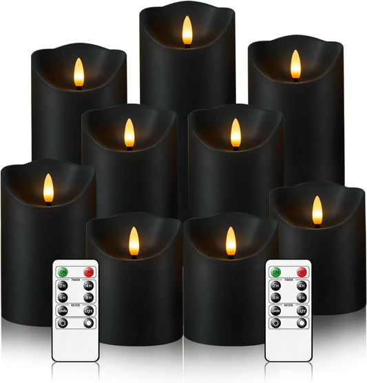Flameless Candles with Remote, Battery Operated Flickering Flameless Candles, LED Candles with Timer 2/4/6/8H, with Realistic LED Candles Set of 9 (D3 X H 3" 4" 5" 6" 7") (Black)