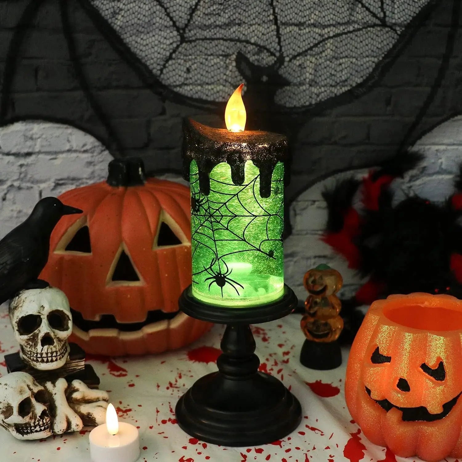 Halloween Snow Globe Candles Lighted Lamp, Battery Operated Spooky Spinning Water Glittering Tornado Candle Flameless Candles Table Centerpiece for Halloween Decoration Indoor(Spider)