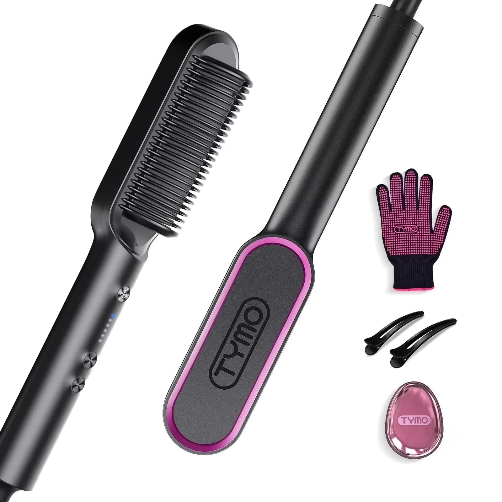 TYMO Ring Hair Straightener Brush – Flat Iron Comb, 5 Temp Settings, 20s Fast Heating, Dual Voltage, Black