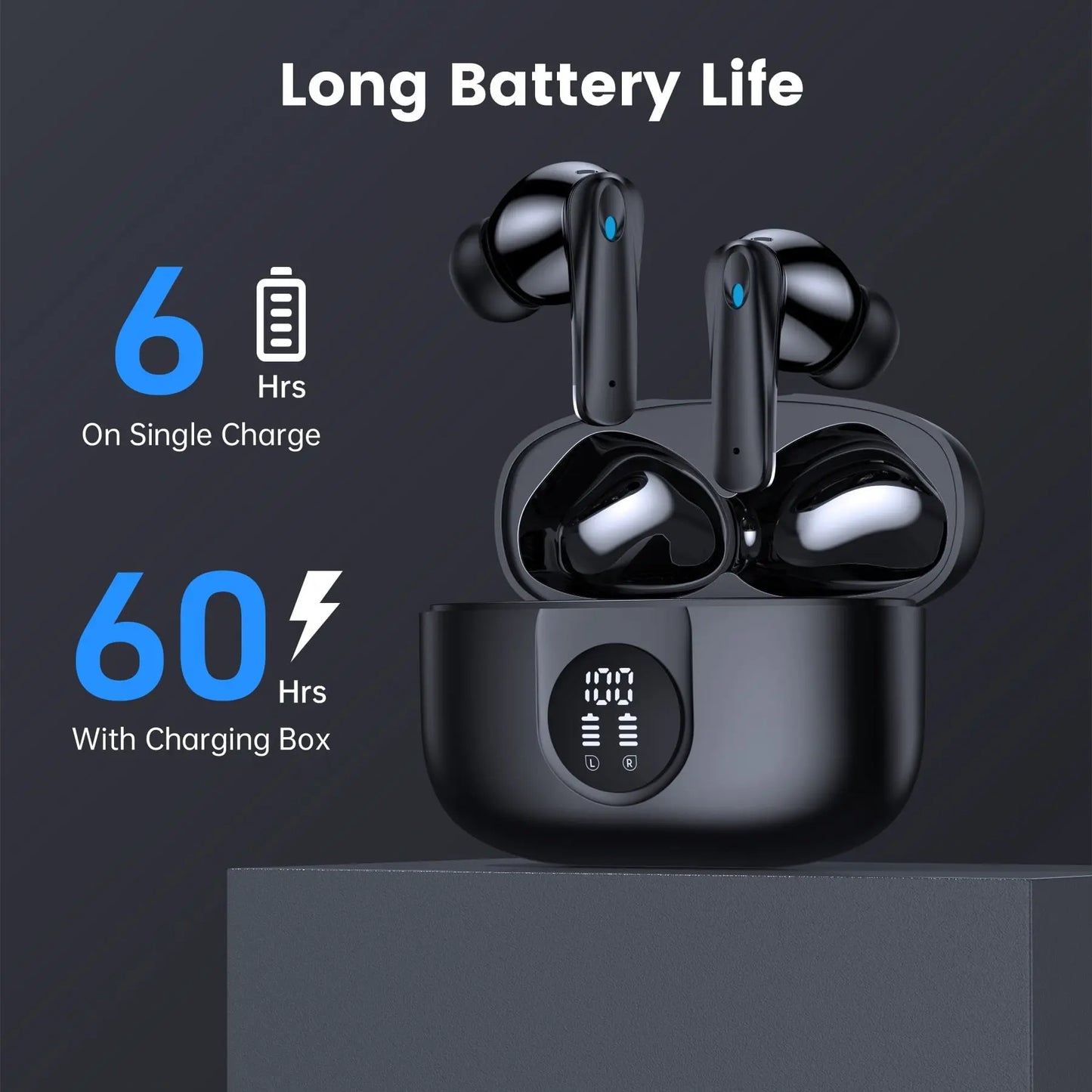 Wireless Earbuds Bluetooth 5.4, Noise Cancelling Stereo Earphones with Mic, 60H Playback, LED Display, IP7 Waterproof – Veatool P91