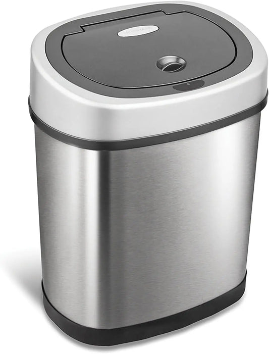 3 Gallon Automatic Touchless Trash Can – DZT-12-9 Infrared Motion Sensor Waste Bin, 12L Stainless Steel Oval Garbage Can with Black Lid – Hands-Free Compact Trash Bin for Bathroom, Office, Bedroom