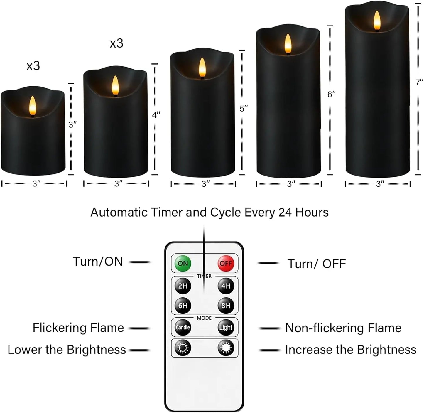 Flameless Candles with Remote, Battery Operated Flickering Flameless Candles, LED Candles with Timer 2/4/6/8H, with Realistic LED Candles Set of 9 (D3 X H 3" 4" 5" 6" 7") (Black)