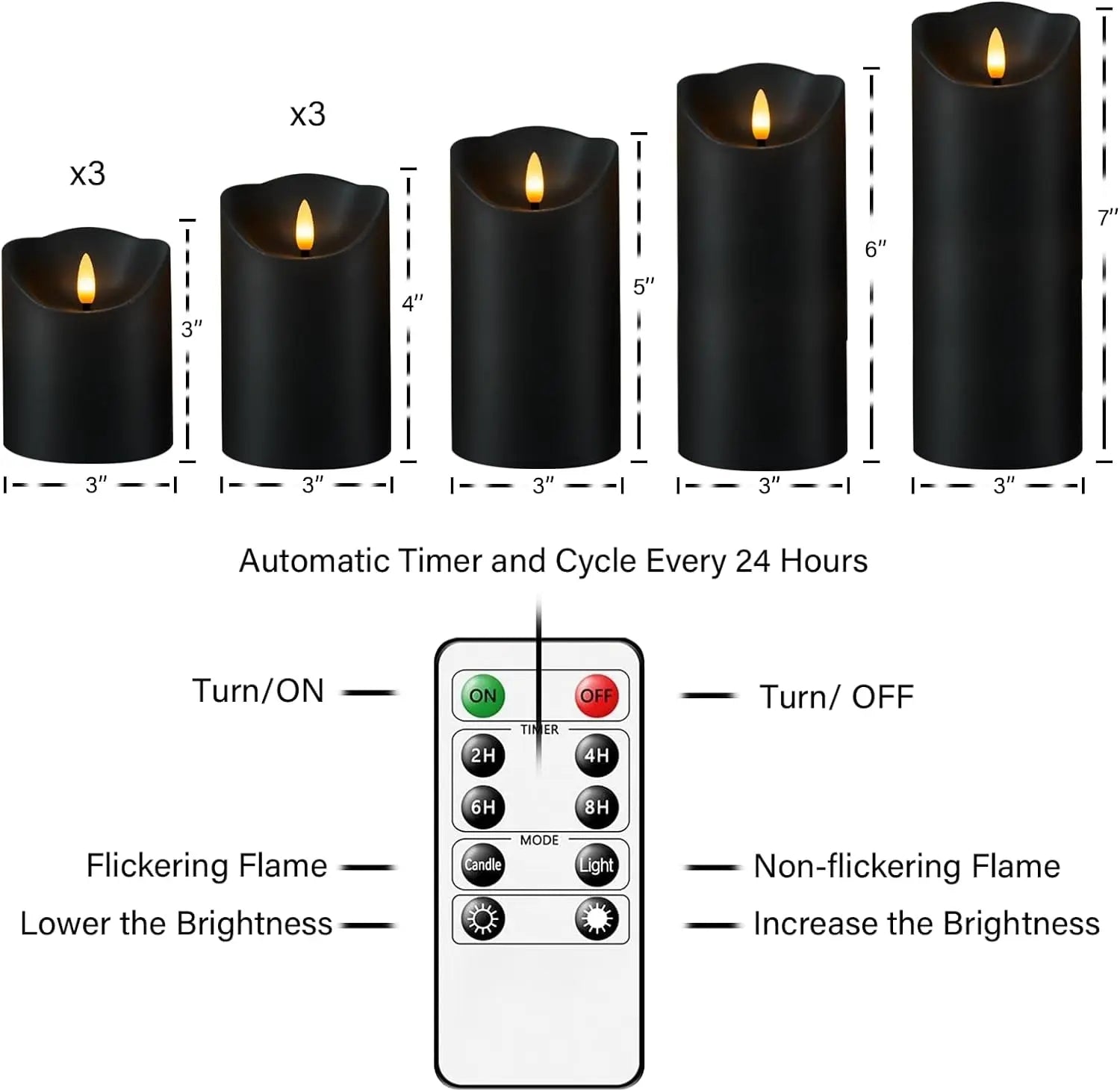 Flameless Candles with Remote, Battery Operated Flickering Flameless Candles, LED Candles with Timer 2/4/6/8H, with Realistic LED Candles Set of 9 (D3 X H 3" 4" 5" 6" 7") (Black)