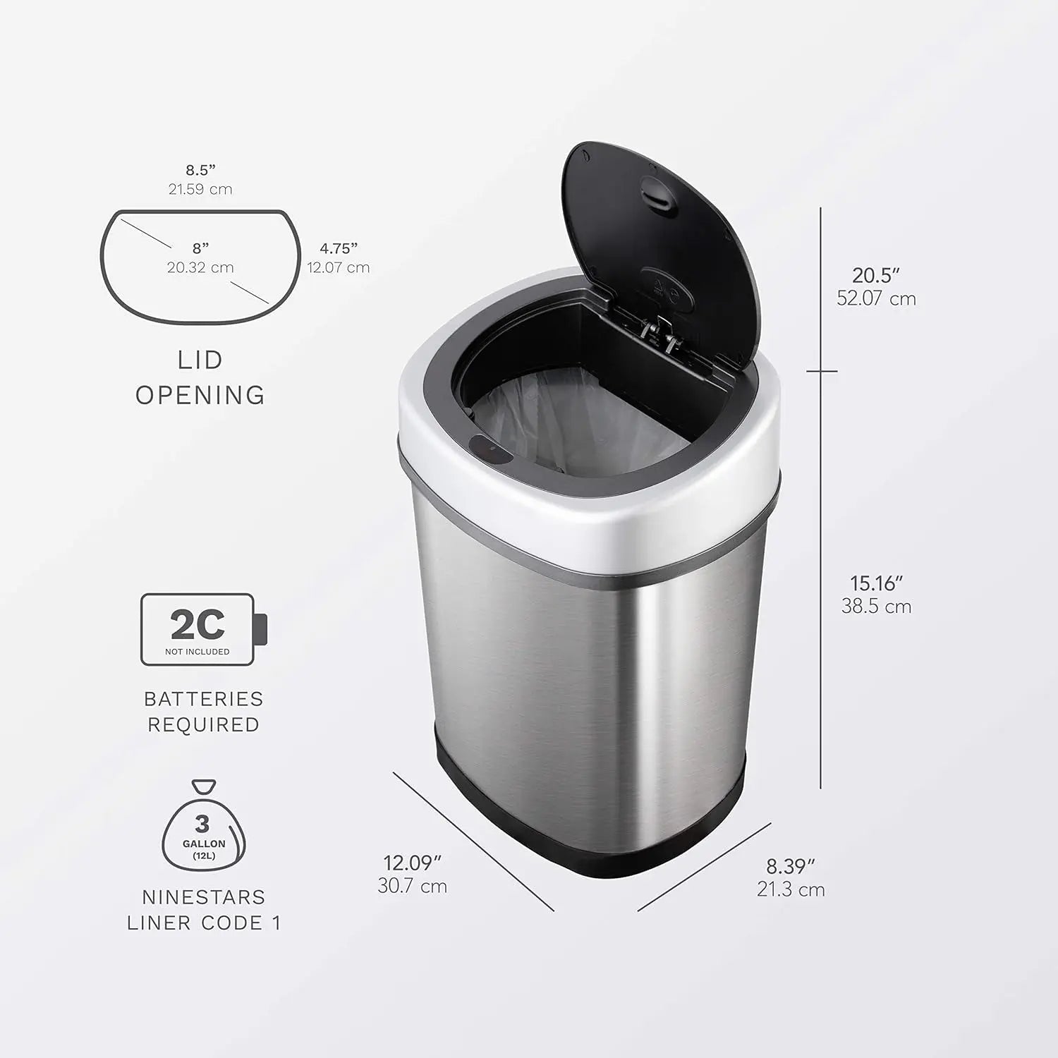 3 Gallon Automatic Touchless Trash Can – DZT-12-9 Infrared Motion Sensor Waste Bin, 12L Stainless Steel Oval Garbage Can with Black Lid – Hands-Free Compact Trash Bin for Bathroom, Office, Bedroom