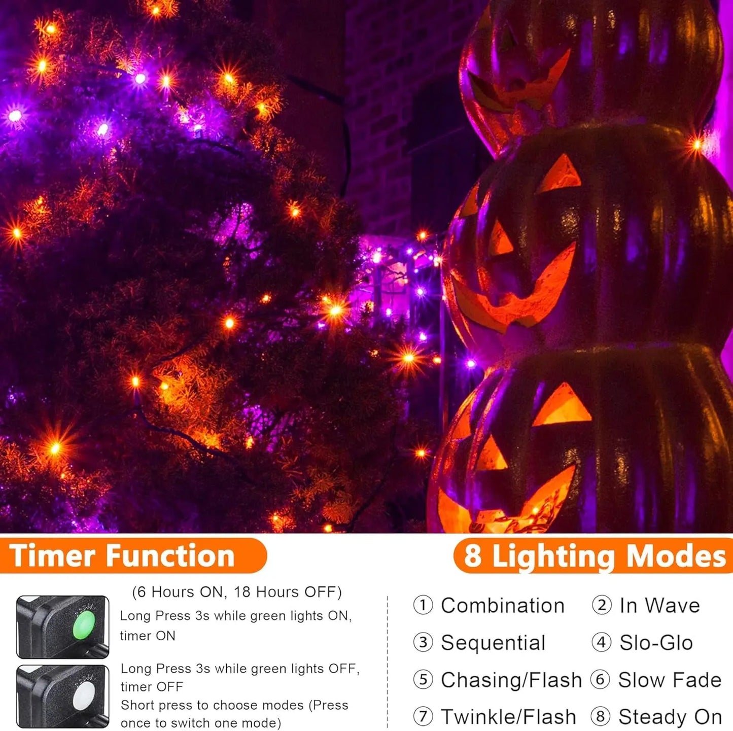 Orange Purple Halloween Lights, 100FT 300 LED String Lights with 8 Modes Timer Waterproof Plug in Indoor Outdoor String Light Connectable for Halloween Decorations