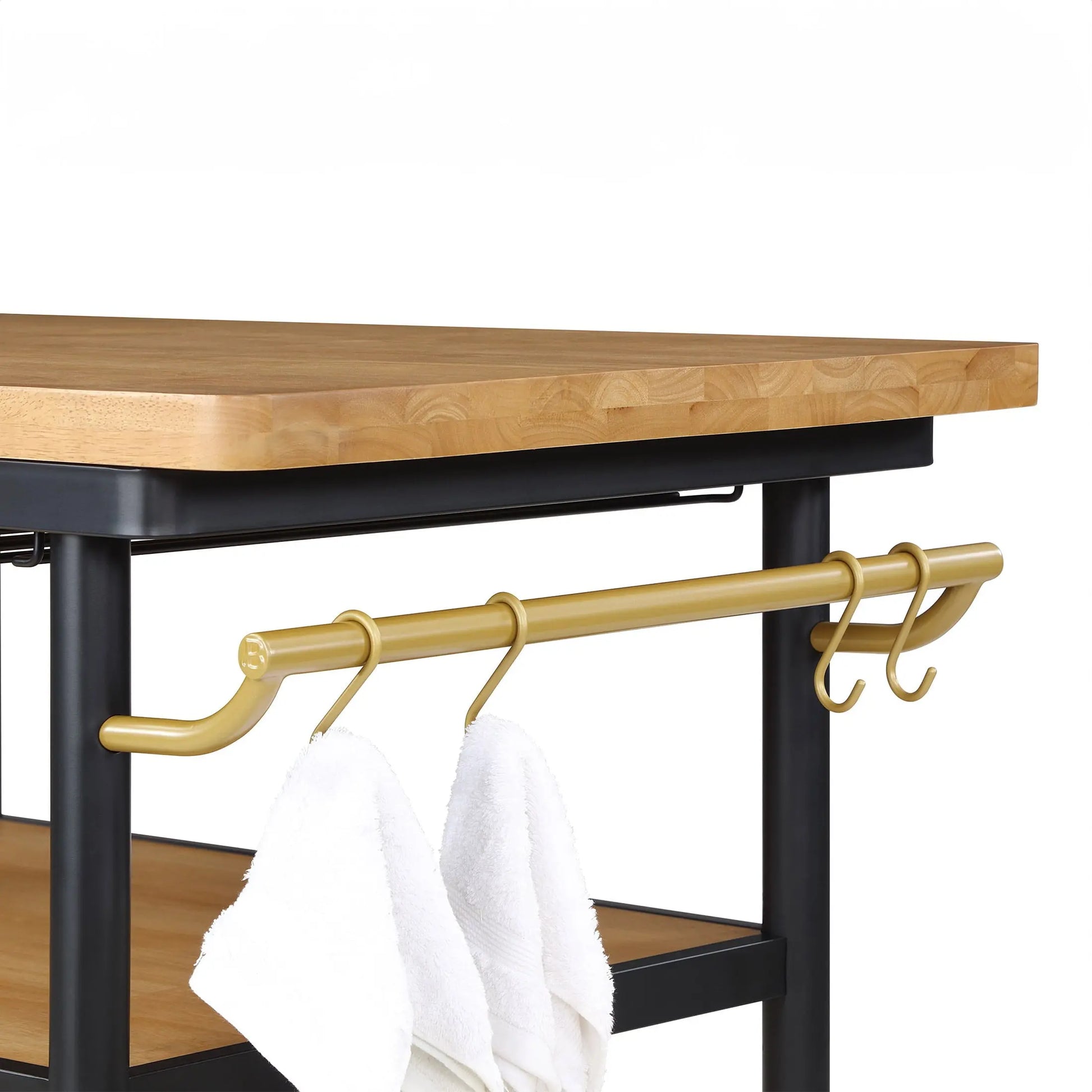 Drew Barrymore Rolling Kitchen Island Cart with 2 Shelves, Rubberwood Top, Black Metal Frame
