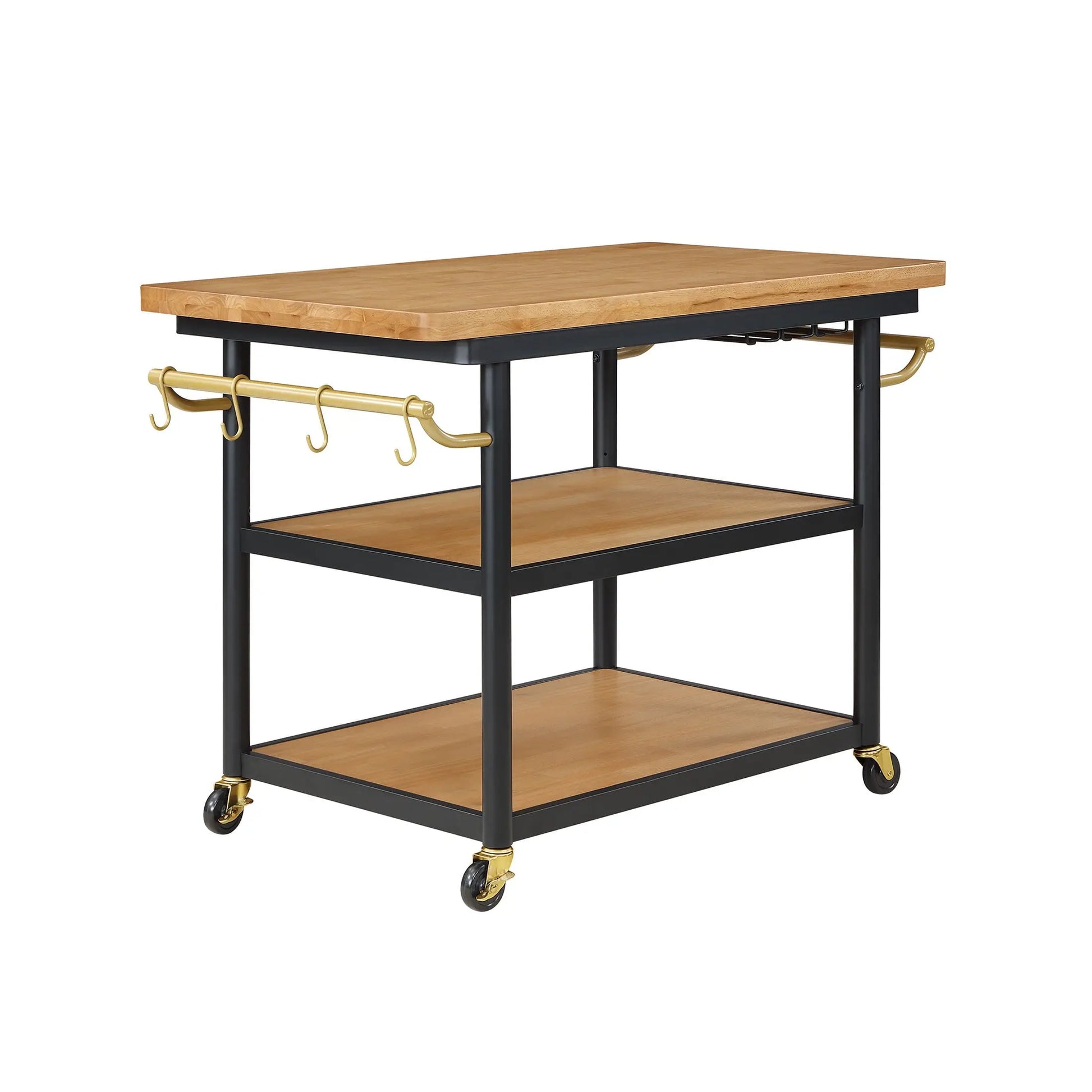 Drew Barrymore Rolling Kitchen Island Cart with 2 Shelves, Rubberwood Top, Black Metal Frame