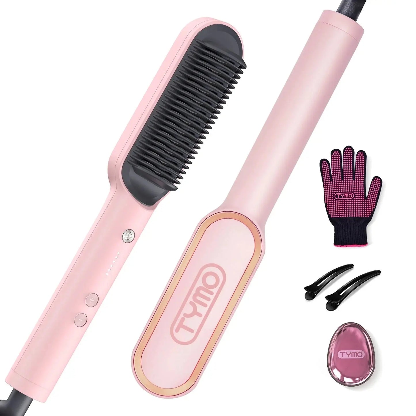 TYMO Ring Hair Straightener Brush – Pink Hair Straightening Iron with Built-In Comb, 20s Fast Heating, Anti-Scald & Dual Voltage