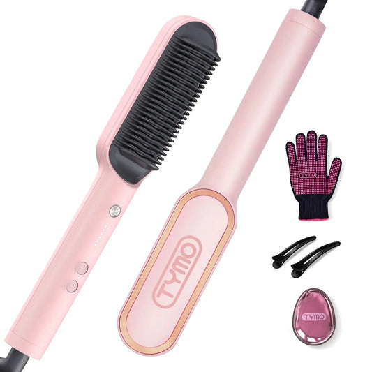 TYMO Ring Hair Straightener Brush – Pink Hair Straightening Iron with Built-In Comb, 20s Fast Heating, Anti-Scald & Dual Voltage