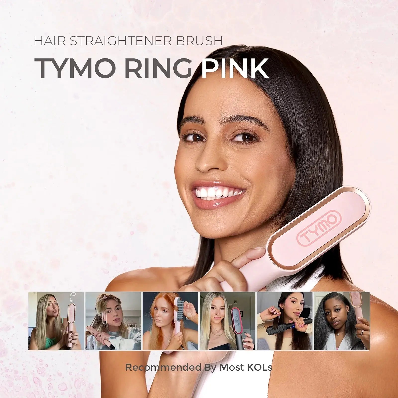 TYMO Ring Hair Straightener Brush – Pink Hair Straightening Iron with Built-In Comb, 20s Fast Heating, Anti-Scald & Dual Voltage