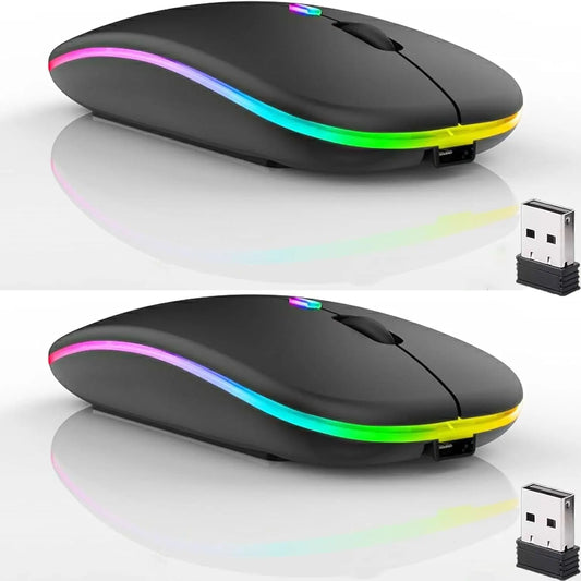 2 Pack Wireless Bluetooth Mouse | Slim Silent Rechargeable Dual-Mode (BT5.2 + USB) Laptop, iPad & PC Mice – Portable Black Set