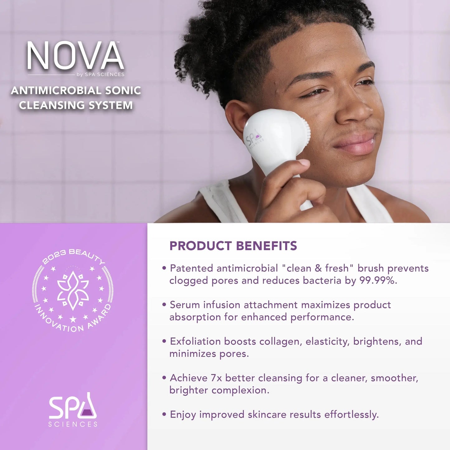 NOVA Sonic Facial Cleansing Brush – Sensitive Skin Exfoliator with Antimicrobial Brush & Serum Infuser, Waterproof & Rechargeable, White