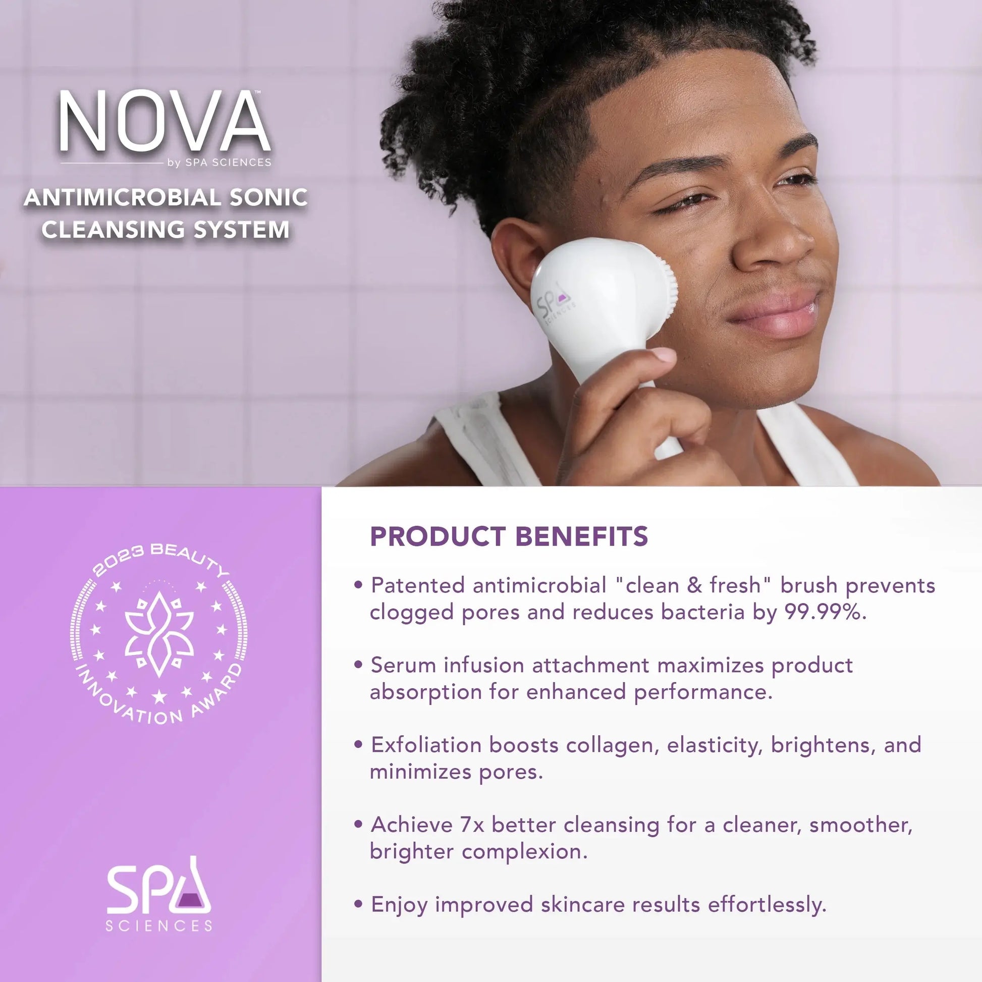 NOVA Sonic Facial Cleansing Brush – Sensitive Skin Exfoliator with Antimicrobial Brush & Serum Infuser, Waterproof & Rechargeable, White