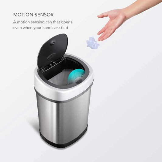 3 Gallon Automatic Touchless Trash Can – DZT-12-9 Infrared Motion Sensor Waste Bin, 12L Stainless Steel Oval Garbage Can with Black Lid – Hands-Free Compact Trash Bin for Bathroom, Office, Bedroom