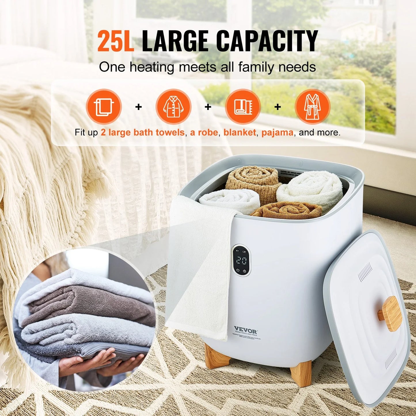 VEVOR 25L Towel Warmer Bucket with LED Display & Auto Shut Off – Large Towel, Blanket & Bathrobe Warmer for Bathroom & Spa