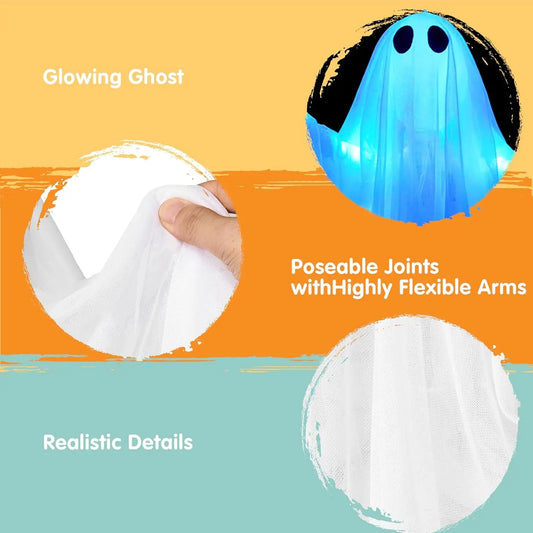 Halloween Hanging Light up Ghost with Spooky Blue LED Light, 47” White Ghosts Halloween Hanging Decoration for Front Yard Patio Lawn Garden Party Decor Indoor Outdoor
