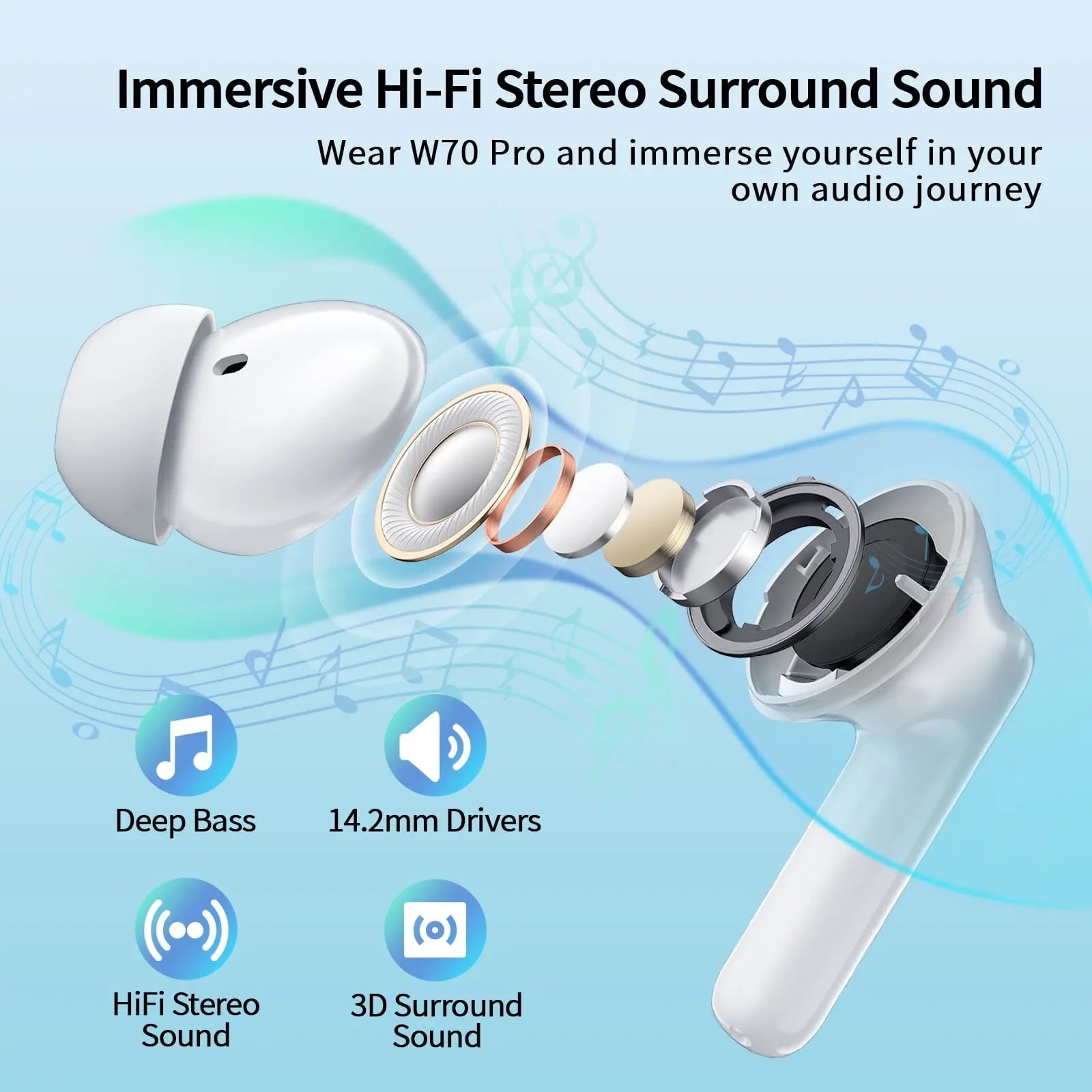 Wireless Bluetooth Earbuds W70 | Noise Cancelling In-Ear Headphones w/ Deep Bass, 38H Playtime, LED Display & IPX7 Waterproof – For iPhone & Android (White)