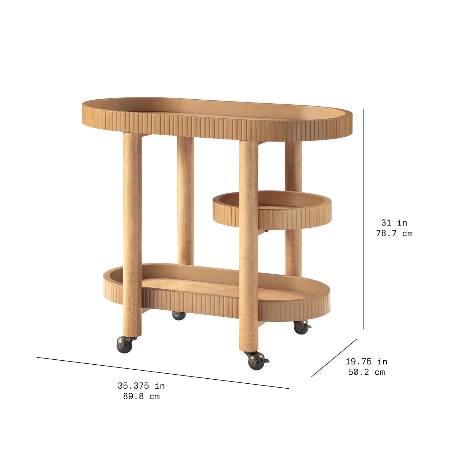 Drew Barrymore Bar Cart with 3 Shelves, Warm Honey Finish, Solid Wood, Rolling Caster Wheels