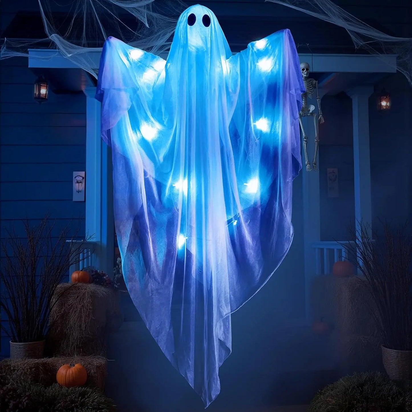 Halloween Hanging Light up Ghost with Spooky Blue LED Light, 47” White Ghosts Halloween Hanging Decoration for Front Yard Patio Lawn Garden Party Decor Indoor Outdoor