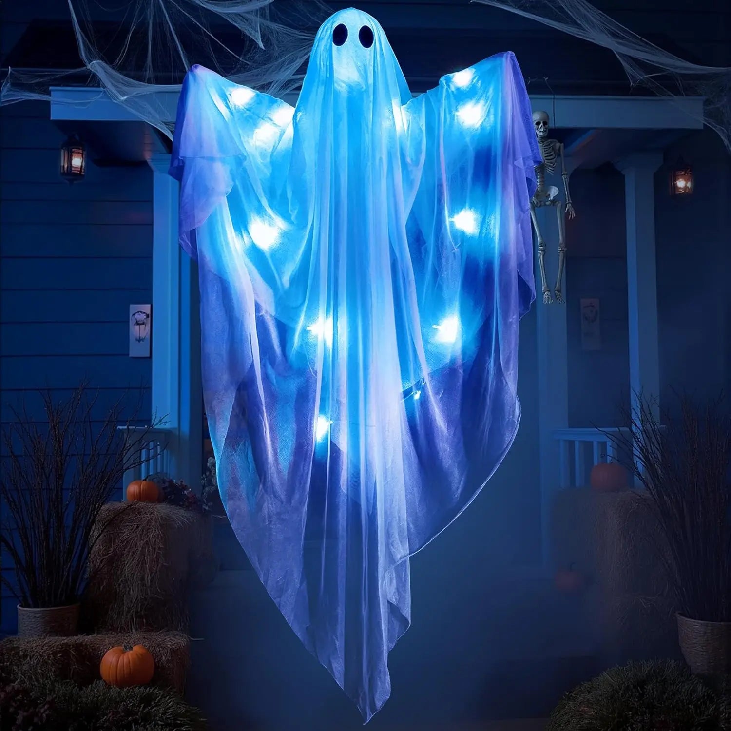 Halloween Hanging Light up Ghost with Spooky Blue LED Light, 47” White Ghosts Halloween Hanging Decoration for Front Yard Patio Lawn Garden Party Decor Indoor Outdoor